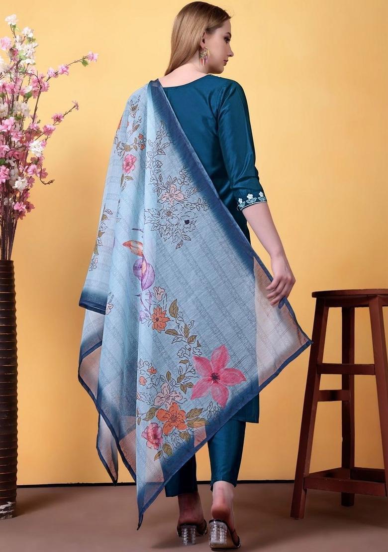 Blue Embroidered Viscose Kurta Set - Indya
