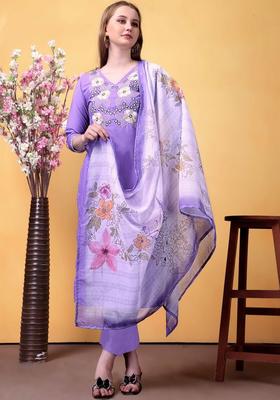 Purple Embroidered Viscose Kurta Set