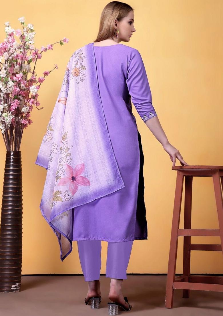 Purple Embroidered Viscose Kurta Set - Indya