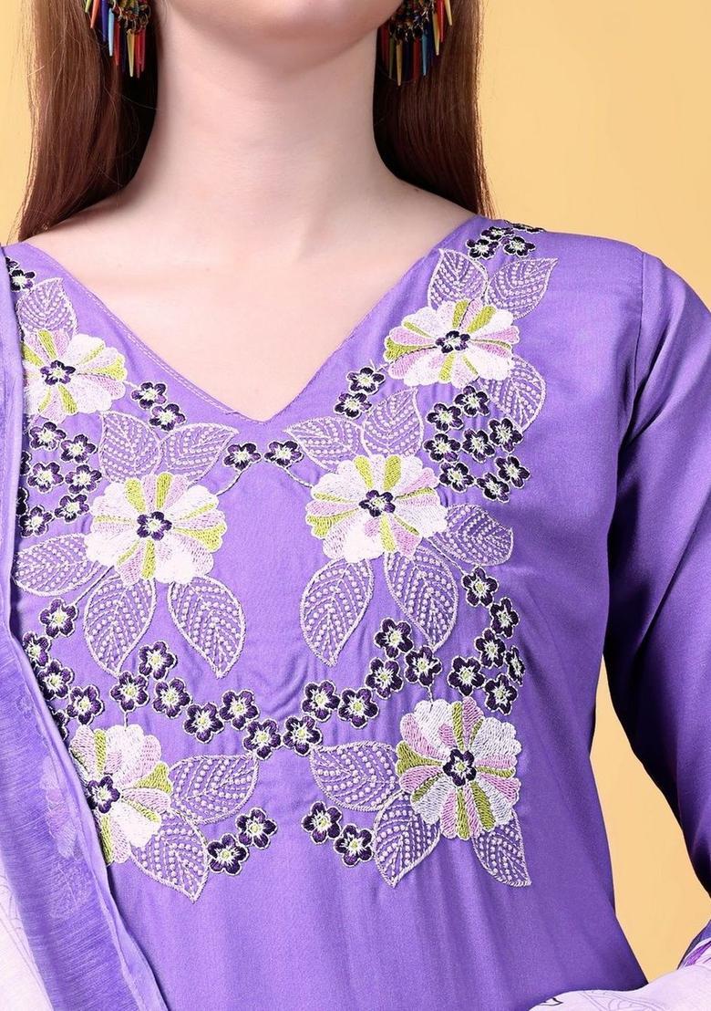 Purple Embroidered Viscose Kurta Set - Indya