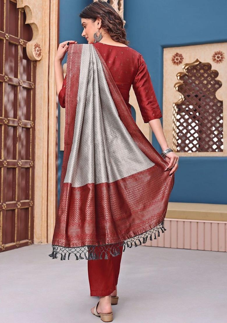 Red Self Design Silk Kurta Set - Indya