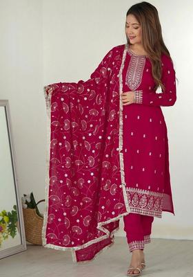 Red Embroidered Georgette Kurta Set