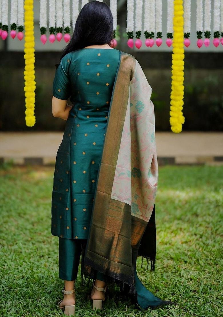 Green Printed Silk Kurta Set - Indya