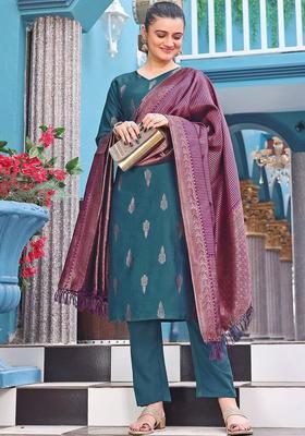 Teal Woven Design Silk Kurta Set