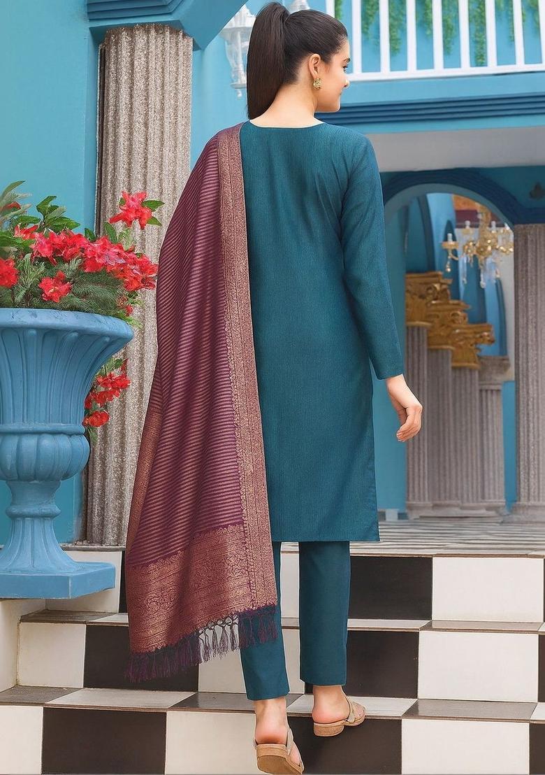 Teal Woven Design Silk Kurta Set - Indya