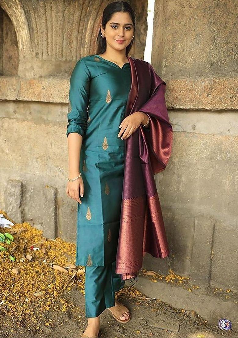 Teal Woven Design Silk Kurta Set - Indya