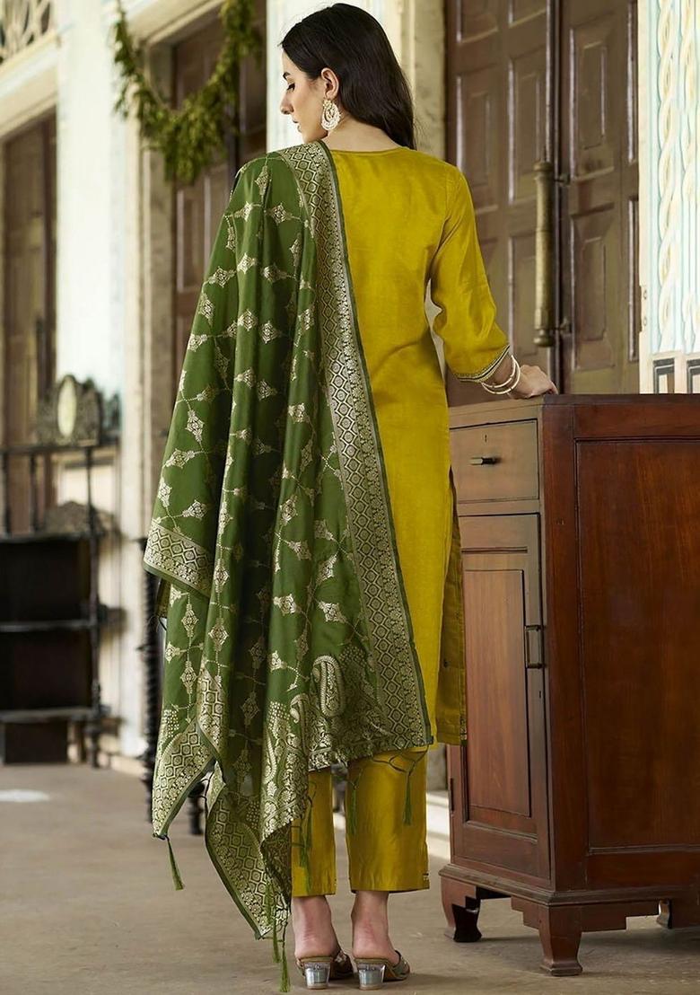 Yellow Embroidered Polyester Kurta Set - Indya