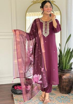 Maroon Embroidered Viscose Kurta Set