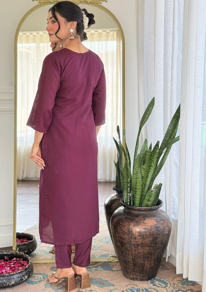 Maroon Embroidered Viscose Kurta Set - Indya