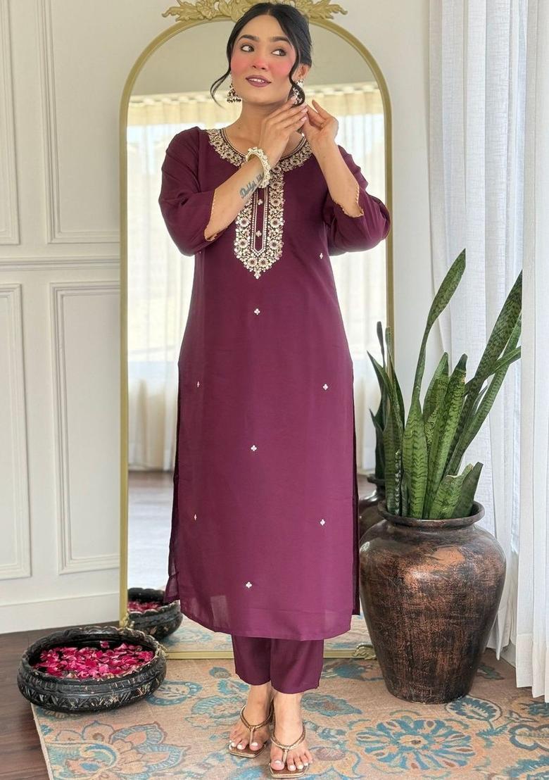 Maroon Embroidered Viscose Kurta Set - Indya