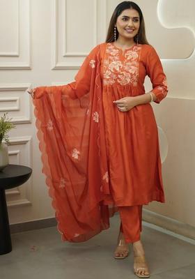 Orange Embroidered Chinon Kurta Set