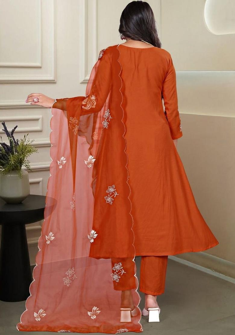 Orange Embroidered Chinon Kurta Set - Indya