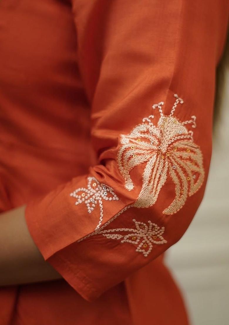 Orange Embroidered Chinon Kurta Set - Indya