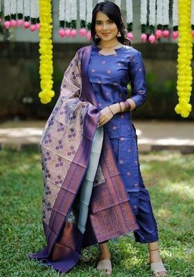 Blue Printed Silk Kurta Set