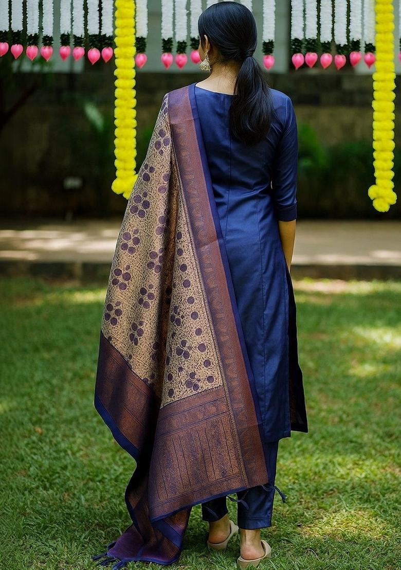 Blue Printed Silk Kurta Set - Indya