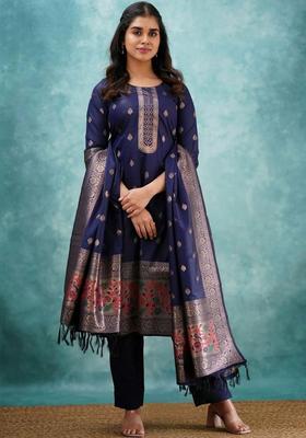 Navy Blue Woven Design Silk Kurta Set