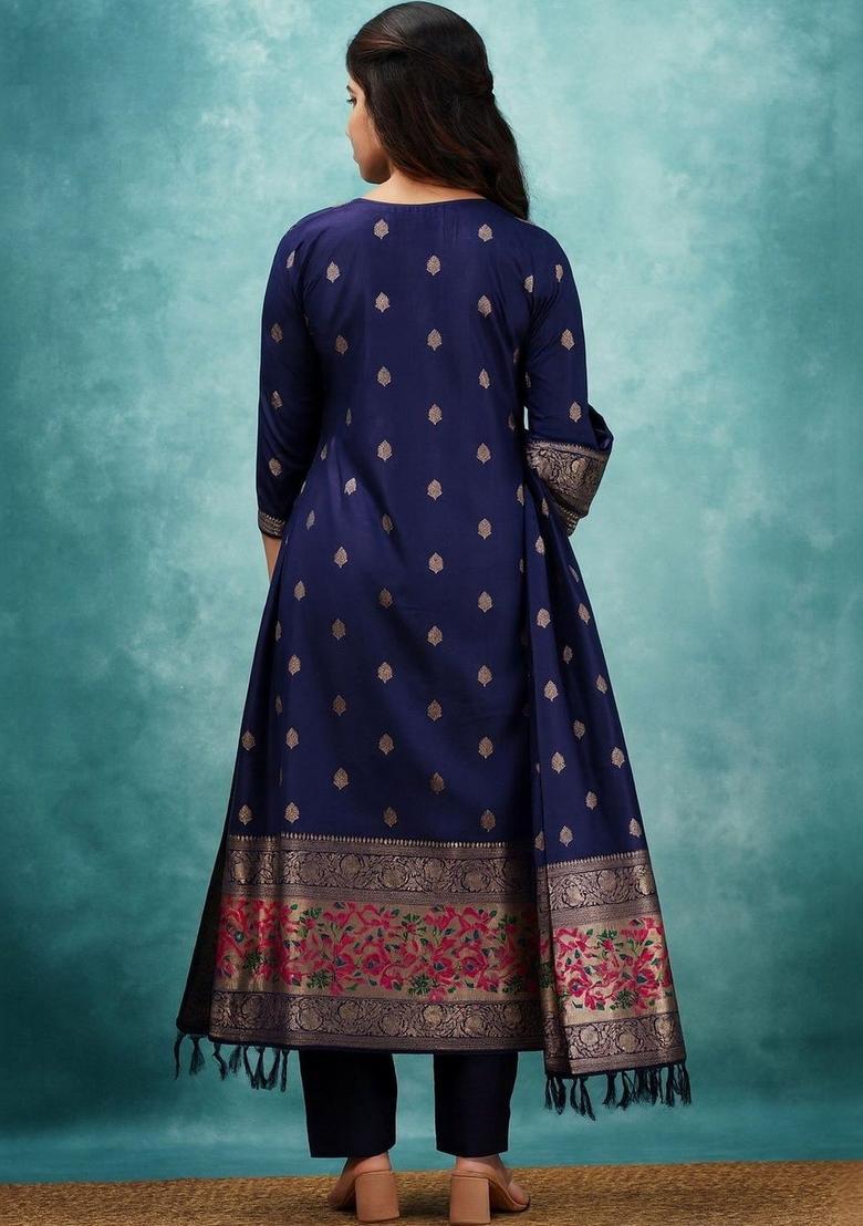 Navy Blue Woven Design Silk Kurta Set - Indya
