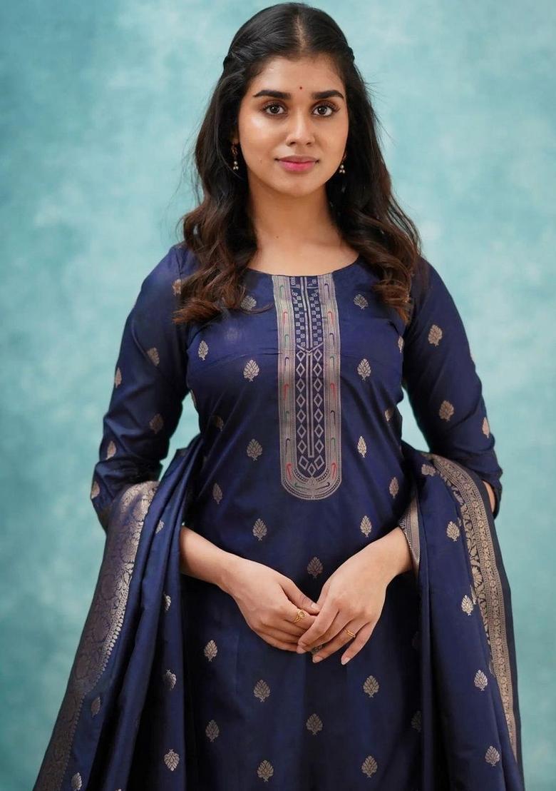 Navy Blue Woven Design Silk Kurta Set - Indya