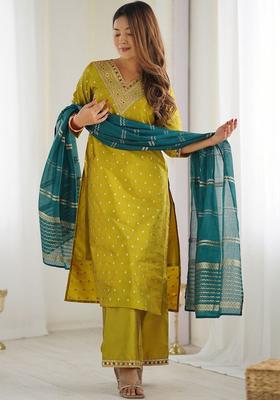 Lime Green Woven Design Silk Kurta Set