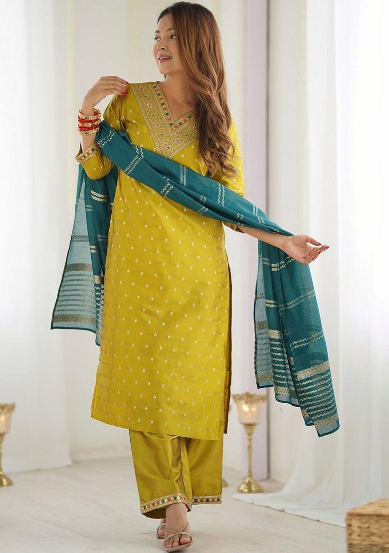 Lime Green Woven Design Silk Kurta Set - Indya