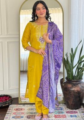 Yellow Embroidered Silk Kurta Set