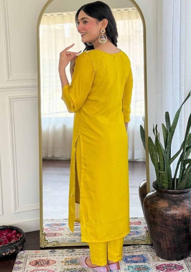 Yellow Embroidered Silk Kurta Set - Indya