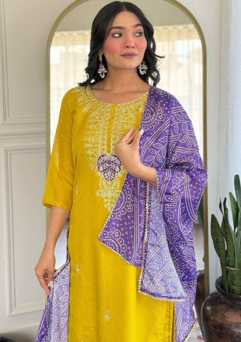 Yellow Embroidered Silk Kurta Set - Indya