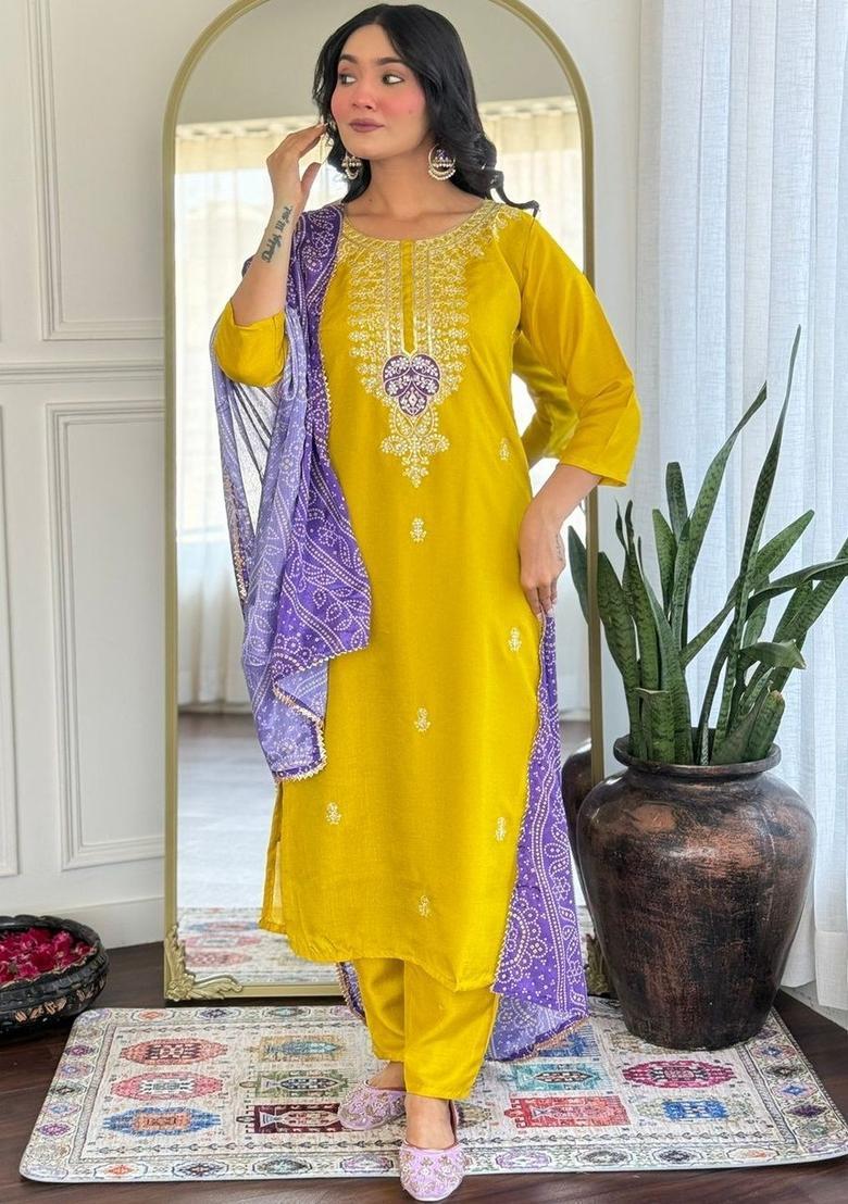 Yellow Embroidered Silk Kurta Set - Indya