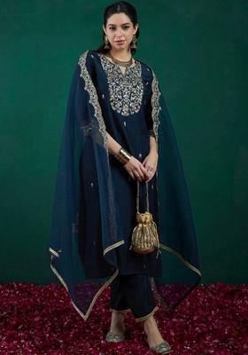 Navy Blue Embroidered Silk Kurta Set