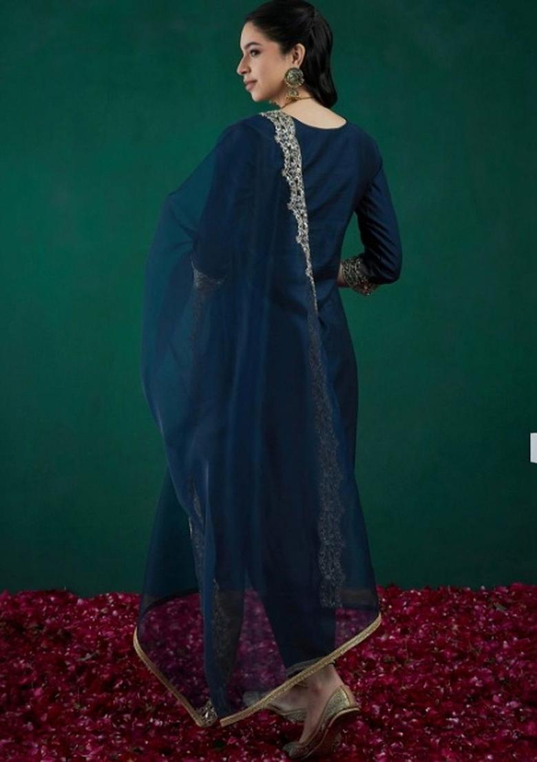 Navy Blue Embroidered Silk Kurta Set - Indya