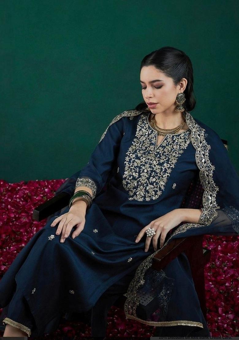 Navy Blue Embroidered Silk Kurta Set - Indya