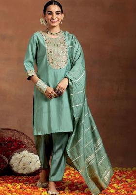 Sea Green Embroidered Silk Kurta Set
