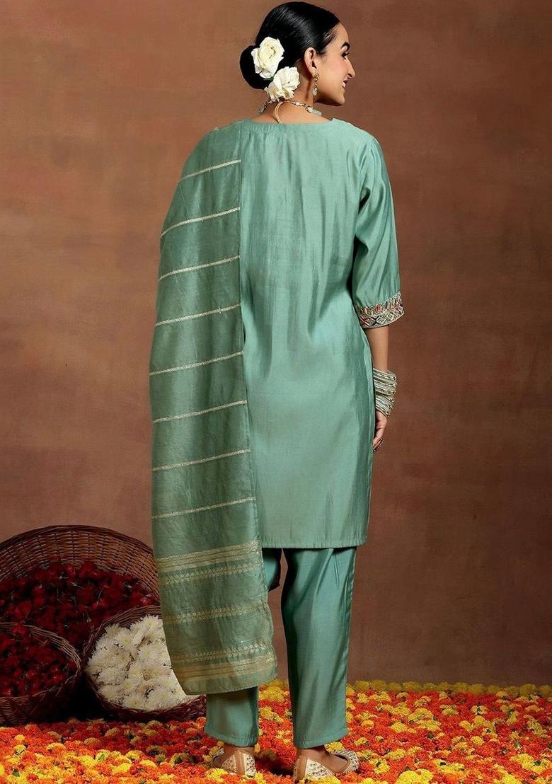 Sea Green Embroidered Silk Kurta Set - Indya