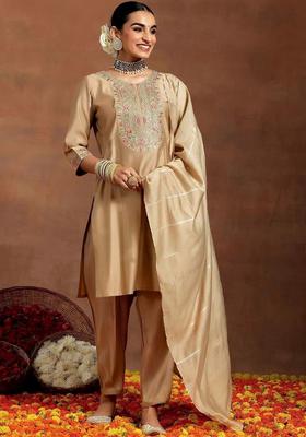 Beige Embroidered Silk Kurta Set