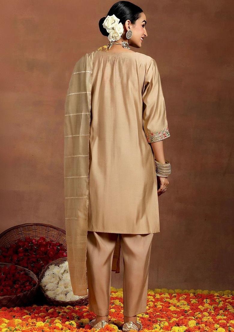 Beige Embroidered Silk Kurta Set - Indya