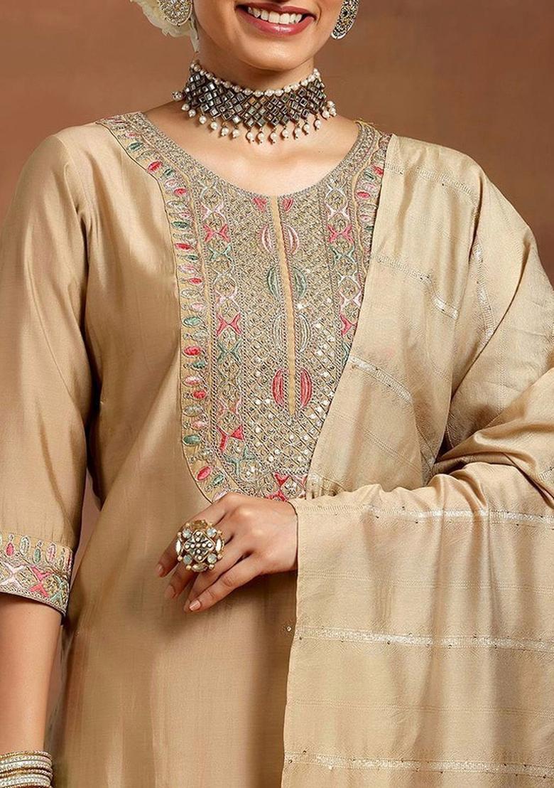 Beige Embroidered Silk Kurta Set - Indya