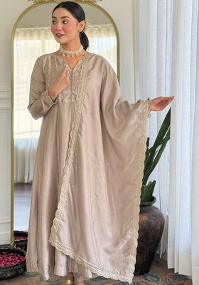 Beige Embroidered Silk Kurta Set