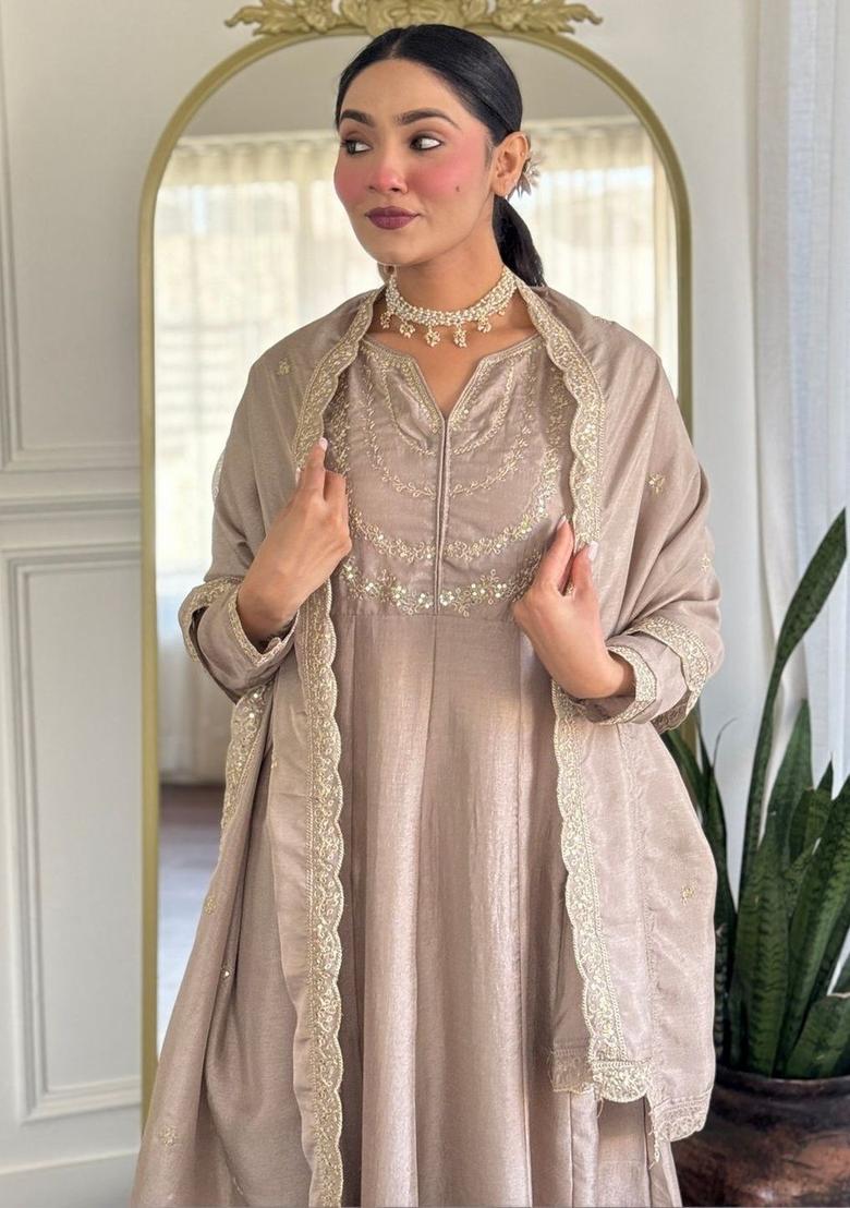 Beige Embroidered Silk Kurta Set - Indya