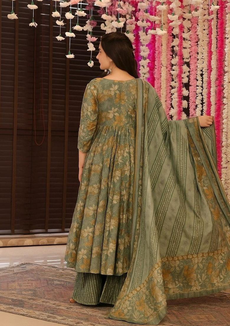 Green Printed Viscose Kurta Set - Indya