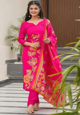 Pink Printed Silk Kurta Set