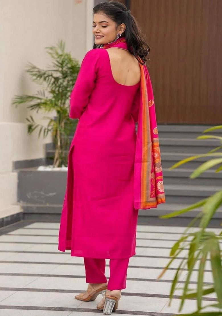 Pink Printed Silk Kurta Set - Indya