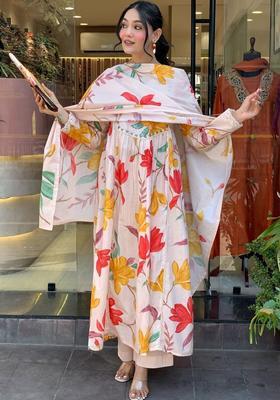 Off White Printed Cotton Kurta Set