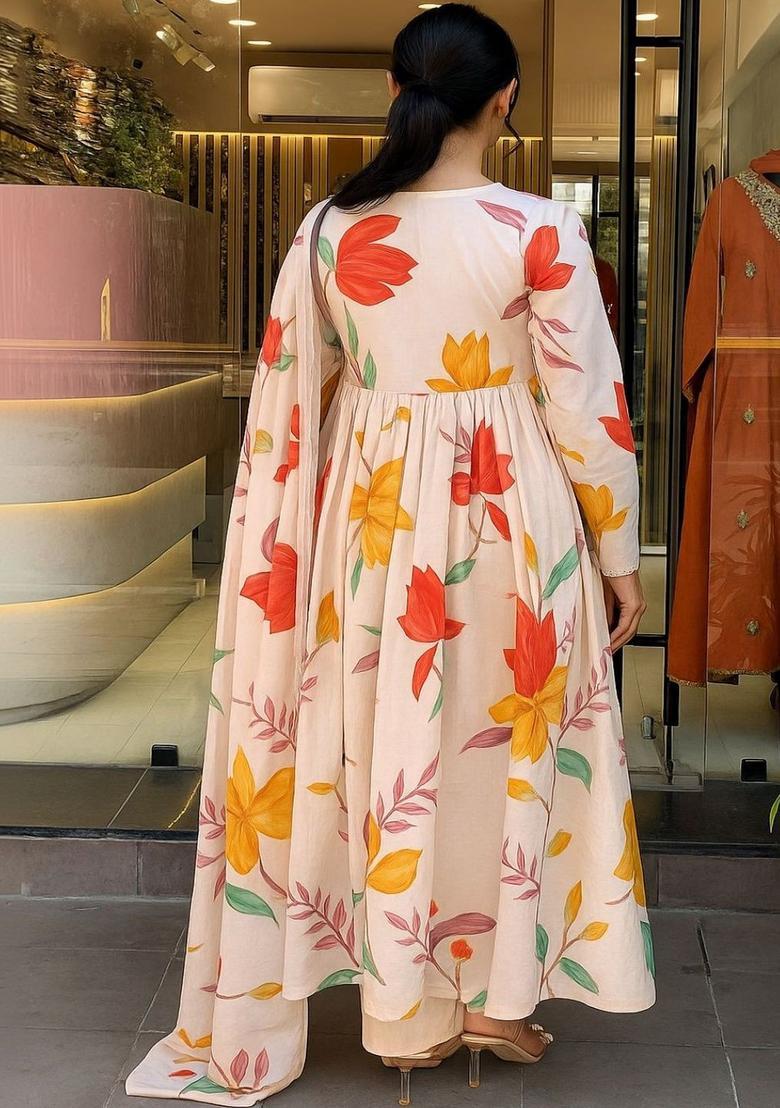 Off White Printed Cotton Kurta Set - Indya