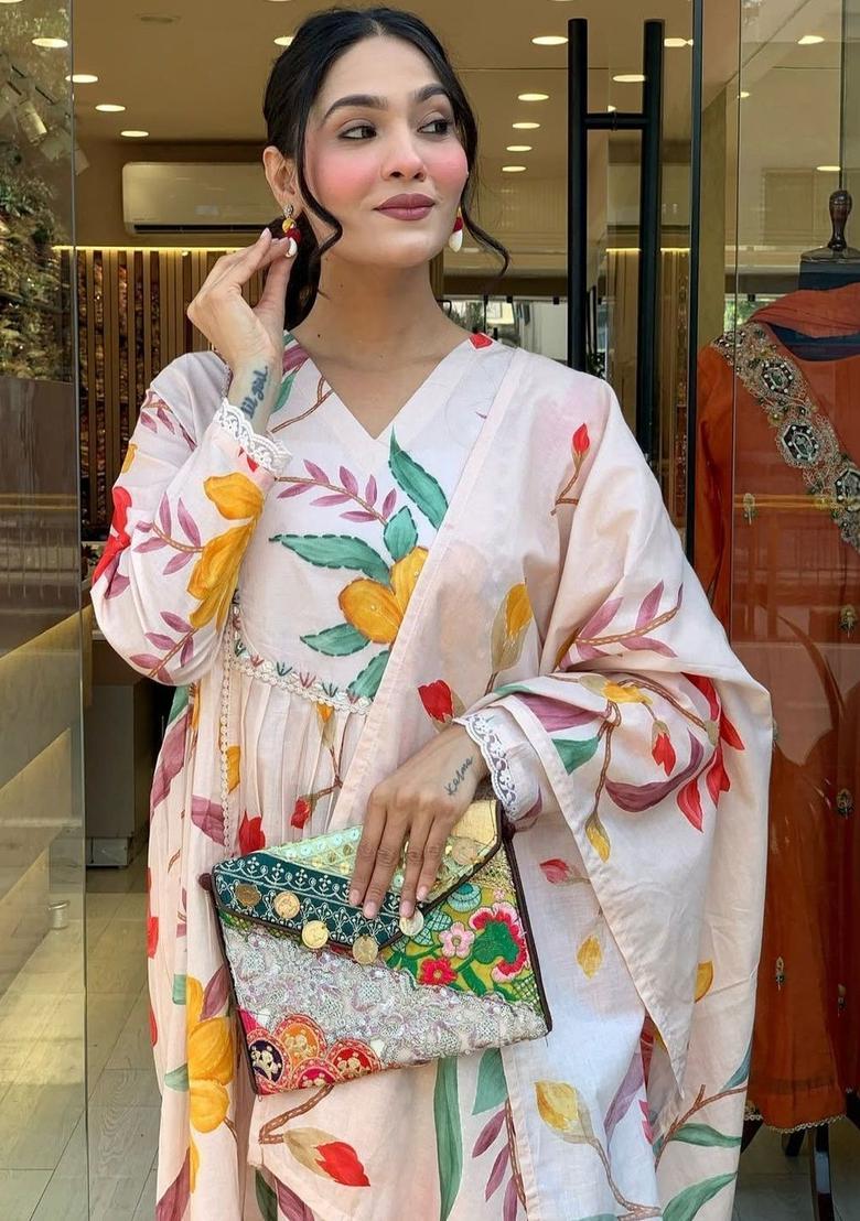 Off White Printed Cotton Kurta Set - Indya