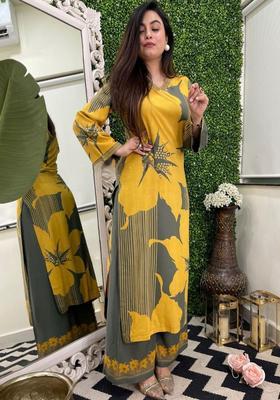 Yellow Printed Viscose Kurta Set