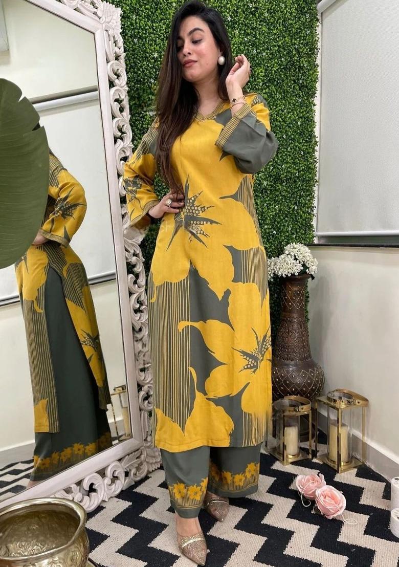 Yellow Printed Viscose Kurta Set - Indya
