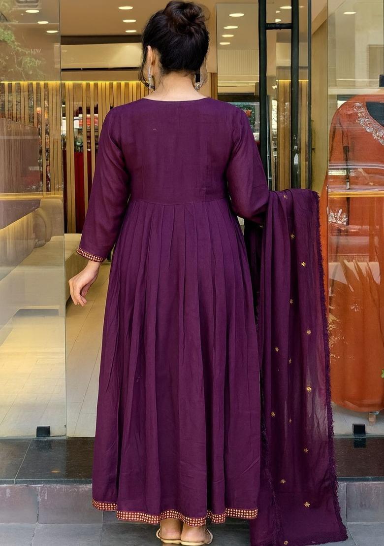 Purple Embroidered Silk Kurta Set - Indya