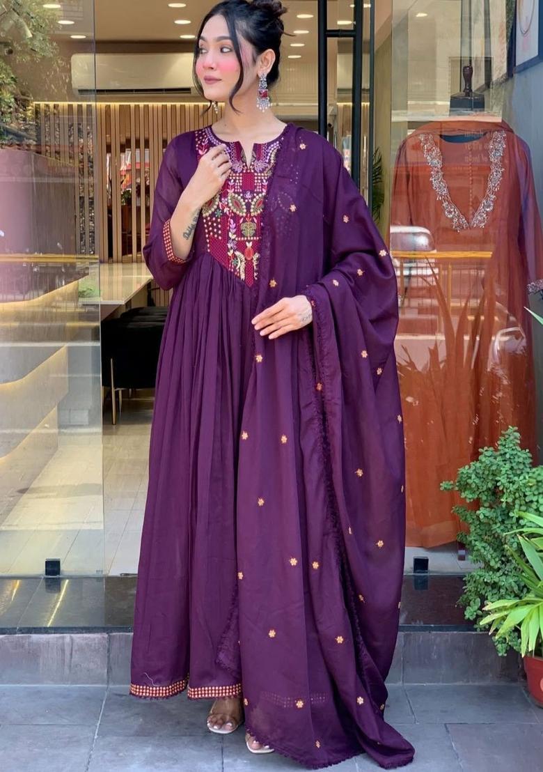 Purple Embroidered Silk Kurta Set - Indya