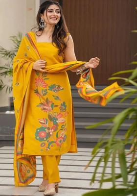 Yellow Printed Silk Kurta Set