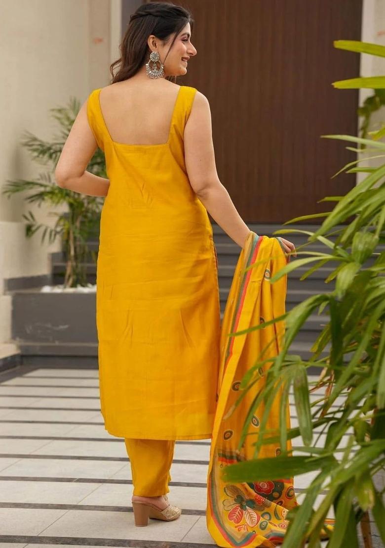 Yellow Printed Silk Kurta Set - Indya